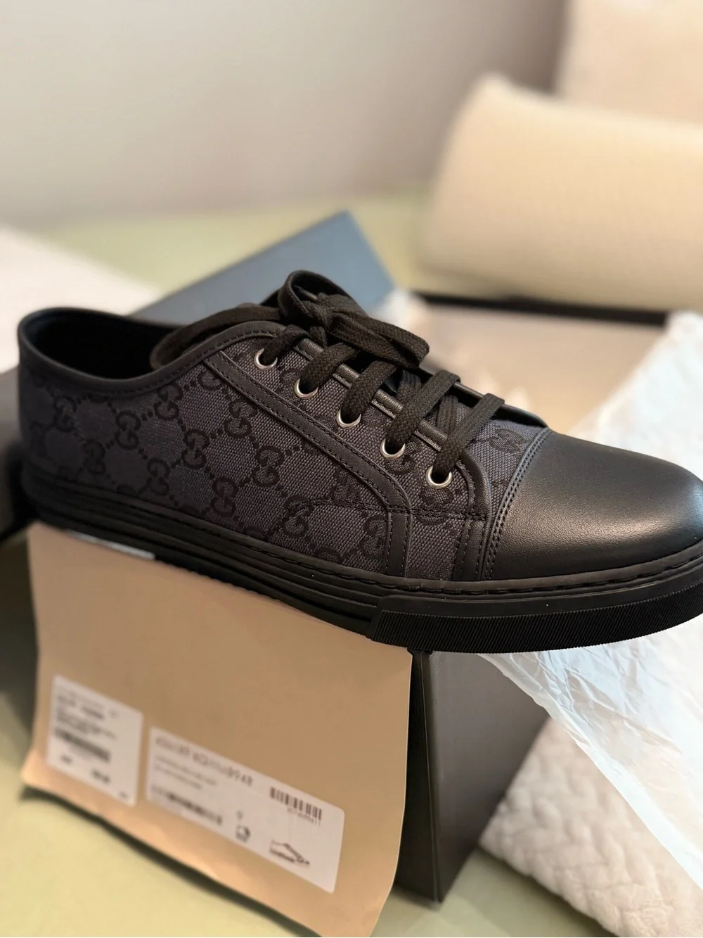 Gucci Black GG Canvas Low Top Sneakers with Leather Trim